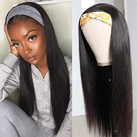 ISEE Headband Wig Straight Human Hair Wigs for Black Women Grade 10A 180% Density Brazilian Virgin Hair Machine Made Headband Wig Non Lace Front Human Hair Wigs 16 inch