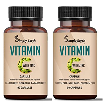 Plant Based Natural Vitamin C - 180 Capsules With Amla & Zinc | Immunity Support, Organic Antioxidant & Skincare | Gluten Free, Non GMO, Paraben Free - By Simply Earth