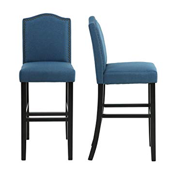 LSSBOUGHT Nailhead 29 Inches Barstools with Solid Wood Legs, Set of 2 (Blue)