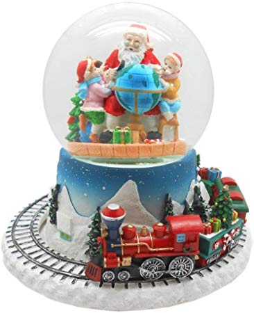 Lightahead Musical Christmas Santa with Children Figurine Water Ball, Snow Globe with The Inside Figurine and Outside Train Revolving in polyresin