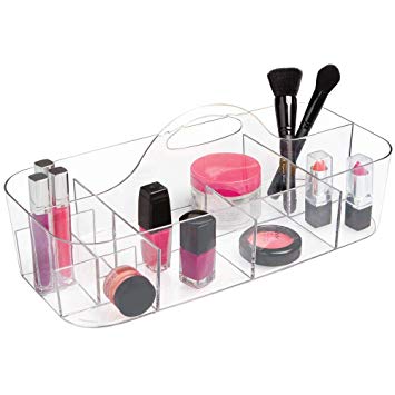 mDesign Plastic Portable Makeup Organizer Caddy Tote, Divided Basket Bin with Handle, for Bathroom Storage - Holds Blush Makeup Brushes, Eyeshadow Palette, Lipstick - Large - Clear