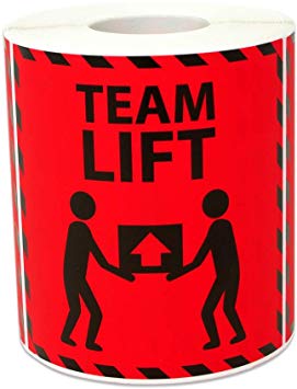 600 Labels - Team Lift Stickers for Shipping Handling Warehouse Postage Transport Heavy Warning (3 x 3 inch, Red - 2 Rolls)