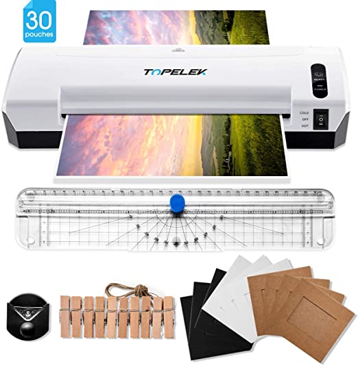 TOPELEK A4 Laminator, 5 in 1 Thermal Laminating Machine, 2 Roller Hot and Cold 400mm/min with 30 Laminating Pouches, 10 Photo Frame, Paper Cutter, Corner Rounder for Office, School, Menu, Card etc.