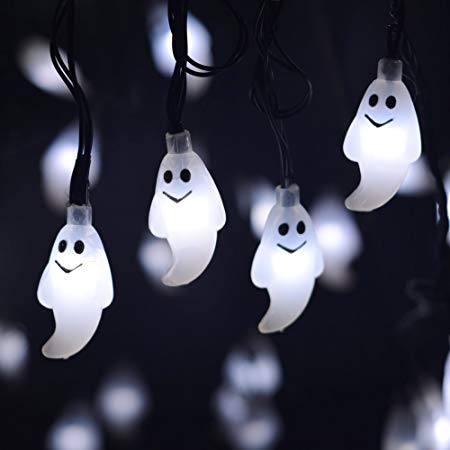 LEVIITEC Solar Halloween Decorations String Lights, 30 LED Waterproof Cute Ghost LED Holiday Lights Outdoor Decor, 8 Modes Steady/Flickering Lights [Light Sensor] 19.7ft Cool White