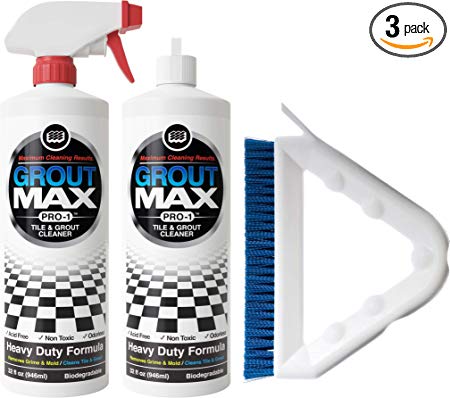 Maximum Cleaning Results. Grout Max Pro-1 Tile & Grout Cleaner - 2 PACK (32oz) bottles PLUS 9" Scrub Brush - Fast-Acting, Acid-Free, No Odor, Biodegradable Formula - Removes Years of Dirt Build-Up