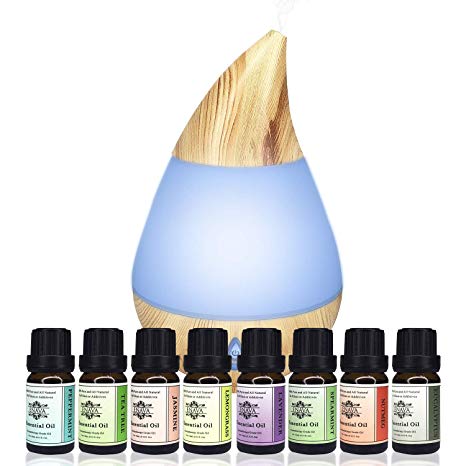 Enava Aromatherapy Essential Oil Diffuser 120ml and Top 8 Oils Gift Set - Waterless Auto Shut-Off and 7 color LED Eucalyptus-Lavender-Spearmint-Jasmine-Peppermint-Tea Tree-Nutmeg-Lemongrass