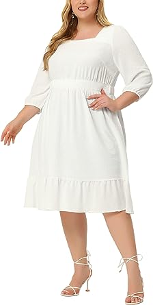 Agnes Orinda Plus Size Midi Dresses for Women Vintage Square Neck Swiss Dots Boho Chiffon Dress 2023