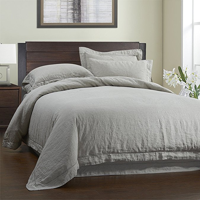 Simple&Opulence 100% Linen Duvet Cover Set 3 Piece White and Grey Solid Wash King Size (1 Duvet Cover, 2 Pillowcases)