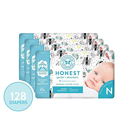 The Honest Company Diapers - Newborn Diapers, Size 0 - Space Travel Print | TrueAbsorb Technology | Plant-Derived Materials | Hypoallergenic | 128 Count