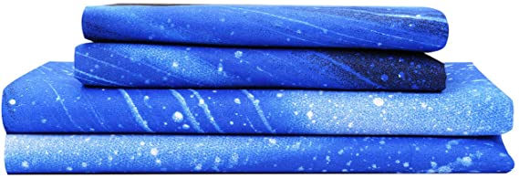 Bedlifes Galaxy Sheets Outer Space Sheet Set Galaxy Themed Sheets 4 pcs Flat Sheet& Fitted Sheets with 2 Pillowcases(Light Blue Queen)
