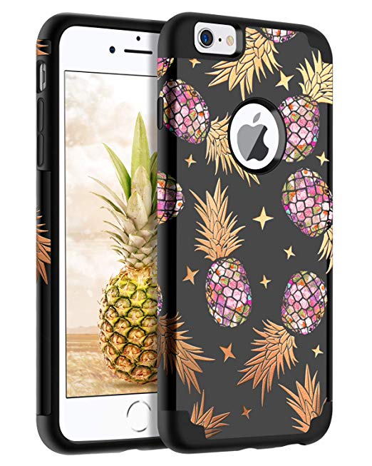 BENTOBEN iPhone 6 Case Pineapple, iPhone 6s Case, Slim Bronzing Leaf Colorful Pineapple Pattern Design Dual Layer Soft Hybrid Hard PC Silicone Bumper Shockproof Protective Case for iPhone 6/6s, Black