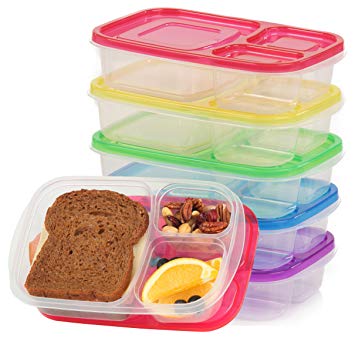 Qualitas Products Premium Kids Bento Boxes - 3 Compartments, 5 Bento Box Microwave Safe Lunch & Leftover Containers Set for Kids and Adults - Made From US FDA Approved Food Grade Plastic