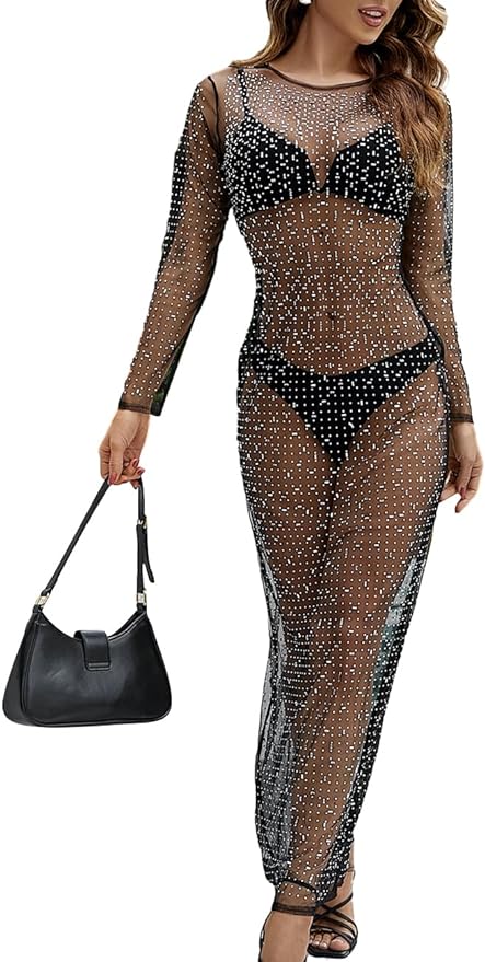 Bsubseach Sexy Women's Sheer Mesh Swimwear Cover Ups Rhinestone Cover Up Dress Long Bikini Swimsuit Coverups