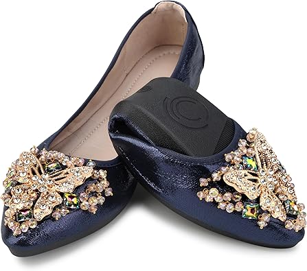 KUNWFNIX Women Ballet Flats Rhinestone Wedding Ballerina Shoes Foldable Sparkly Comfort Slip on Flat Shoes