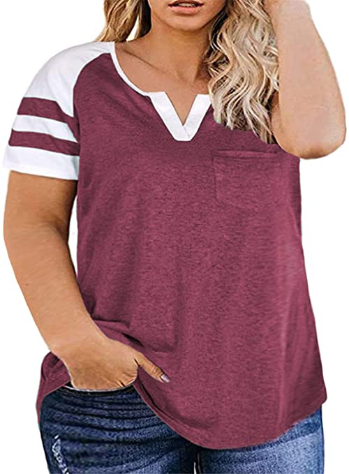 VOGRACE Women-Plus-Size-Tops Summer V Neck T Shirts Striped Raglan Tunics Tee