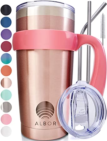 ALBOR Triple Insulated Stainless Steel Tumbler 20 oz Rose Gold Coffee Travel Mug With Handle