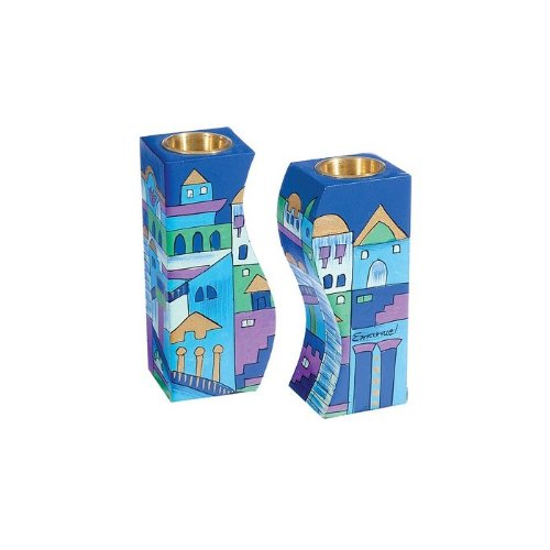 World Of Judaica Yair Emanuel Fitted Shabbat Candlesticks with Jerusalem Depictions in Blue