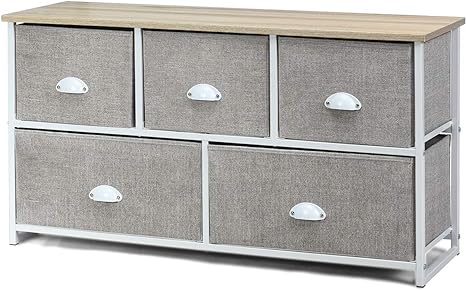 COSTWAY Chest of Drawers, Fabric 5-Drawer Dresser Cabinet with Wooden Top, Metal Frame Drawers Storage Organizer Unit for Bedroom, Living Room, Closet and Hallway (White Light Grey)