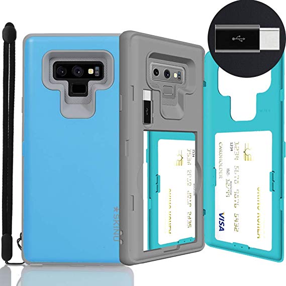 Galaxy Note 9 Case, SKINU [Note 9 Wallet Strap] Note 9 Charger Dual Layer Hidden Credit Holder ID Slot Card Case with Wrist Strap Inner USB type C Adapter and Mirror for Galaxy Note 9 (2018) - Teal