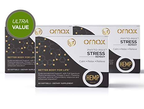 Omax® Hemp Oil Supplement Plus Omega 3 & L Theanine, 5 mg Full Spectrum Hemp Blend, Sleep & Stress Remedy, Improve Sleep, Relax Body & Mind✱ European Sourced, cGMP, 3 Box (180 Softgels)