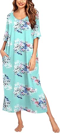 Ekouaer Long Nightgown for Women Short Sleeve Sleepwear Plus Size Loungewear with Pockets M-XXXL