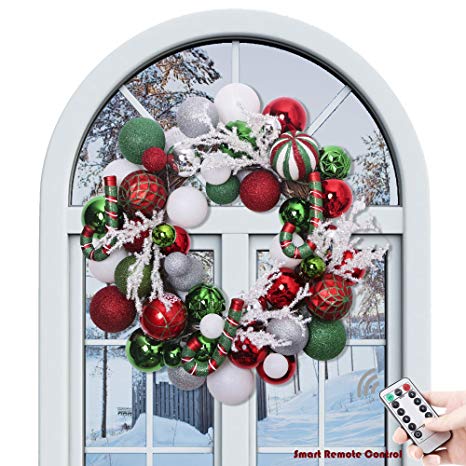 Valery Madelyn 20" Pre-Lit Delightful Red Green Silver and White Christmas Wreath with Shatterproof Ball Ornaments, Rattan Base with 20 LED Lights, Remote and Timer Included