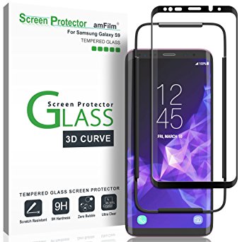 Galaxy S9 Screen Protector Glass, amFilm 3D Curved Dot Matrix Full Screen Samsung Galaxy S9 Tempered Glass Screen Protector (5.8") 2018 with Easy Application Tray (NOT S9 PLUS) (Case Friendly)