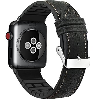 Apple Watch Band 42mm, FanTEK Sports Genuine Leather Rubber TPU Replacement iWatch Bracelet Strap with Stainless Metal Clasp for Apple Watch Series 3 Series 2 Series 1 (Black-42mm)