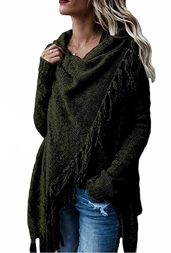 ASSKDAN Women's Fashion Tassels Irregular Hem cowl neck Knit Loose Sweater Cape