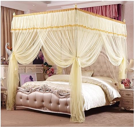 Bed Canopy 4 Corner Post Luxury Bed Curtain for Twin Queen Double Bed Canopy, Encrypted Mosquito Net with Mounting Bracket (Color : Yellow, Size : 180x220x200cm)