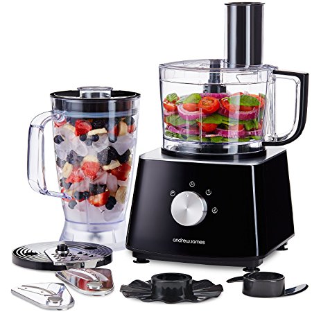 Andrew James Food Processor with Blender in Black, 700 Watts, 6 Attachments, 2L Processor Bowl, 1.8L Blender Jug