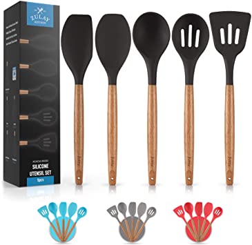 Premium 5 Piece Silicone Utensils Set with Authentic Acacia Hardwood Handles, All Purpose Silicone Spatulas Kitchen Set, Wood Cooking Utensils Set, Non-Stick Cookware by Zulay Kitchen - Black