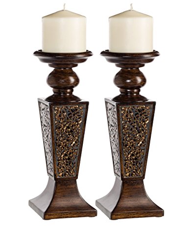 Creative Scents Schonwerk Pillar Candle Holder Set of 2- Crackled Mosaic Design- Functional Table Decorations- Centerpieces for Dining/ Living Room- Best Wedding/ Anniversary Gift (Walnut)