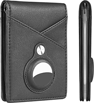 Hawanik Slim Bifold Wallet for AirTag with Spring Money Clip, Mens Minimalist Bifold Wallet with Built-in Holder for AirTag, Black, Minimalist