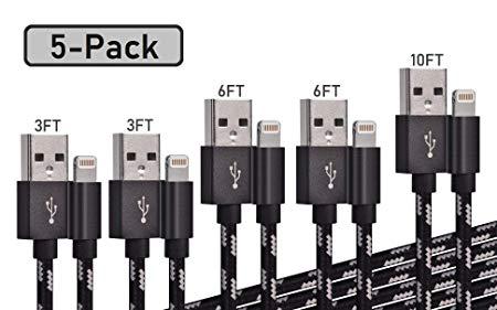 HappinessDuck MFi Certified iPhone Charger Lightning Cable 5Pack[3/3/6/6/10FT] Extra Long Nylon Braided USB Charging & Syncing Cord Compatible iPhone 11/Xs/Max/XR/X/8/8Plus/7/7Plus/6S/SE/iPad/More