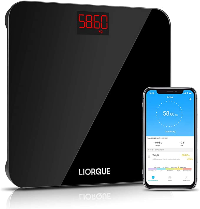 Liorque Digital Bathroom Scales, High Precision Wireless Scale with Smartphone App, Smart Step-on Body Weight and BMI Scale, Multiple Users, Sturdy Tempered Glass, 400 lb/180 kg, Black