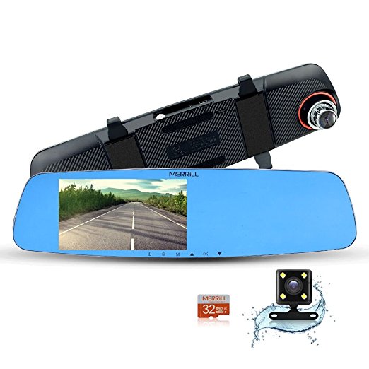 MERRiLL Dash Cam Dual Cameras 1080P 5’’ IPS 170° Wide Angle Night Vision 15 Megapixel and 32GB card