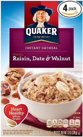 Quaker Instant Oatmeal, Raisin, Date & Walnut, Breakfast Cereal, 10 Packets Per Box (Pack of 4)