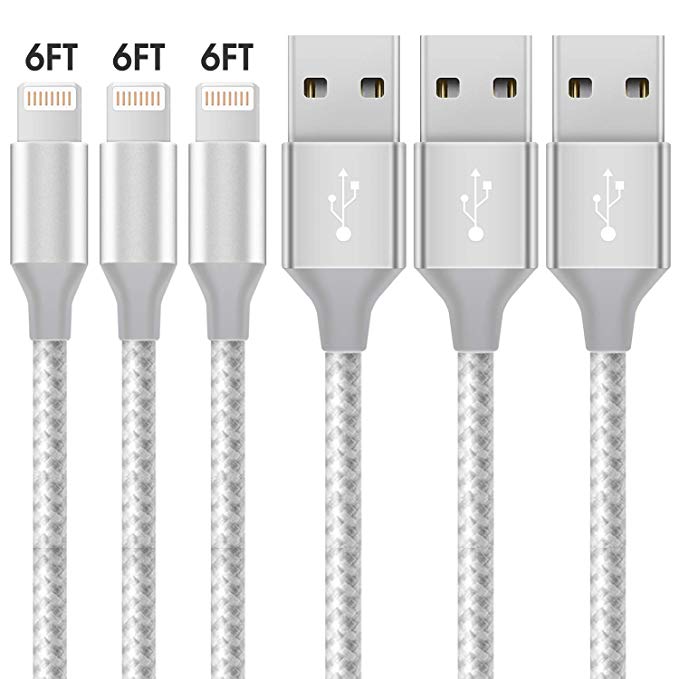 Ankoda Lightning iPhone Charger Cable, 3Pack 6FT/2M Extra Long Braided Fast Charging Cable Compatible with iPhone XS/XR/X/8/7/6/5, iPad, iPod and More (Silver)