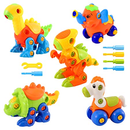 Glonova Dinosaur Toys Take Apart Toys With Tools (Pack of 5, 144 Pcs) - Construction Engineering STEM Learning Toy Building Play Set - Best Toy for Boys & Girls Age 3