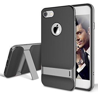 iPhone 7 Case, ROCK [Royce Stand] - Black & Iron Grey [Ultra Thin][Kickstand][Metal Texture Side Buttons][Dual Layered][Slim Fit][Hard PC   Soft TPU] For Apple iPhone 7 (2016)