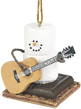 Snowman Ornament - Marshmallow Snow Man Playing Guitar On S'mores Chocolate and Graham Cracker - Holiday Christmas Tree Decor