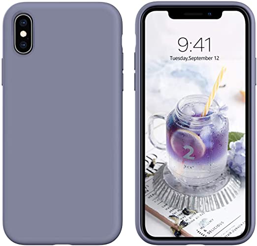 iPhone X Case,iPhone Xs Case, DUEDUE Liquid Silicone Soft Gel Rubber Slim Cover with Microfiber Cloth Lining Cushion Shockproof Full Body Protective Case for iPhone X/iPhone Xs, Lavender Gray