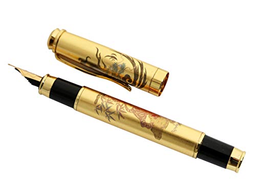 Roman Premium Vintage Fountain Pen Luxury Antique Gold Trim | Blue Black Ink | Medium Nib | with a Refill, Gift Set -Made in Japan- Tiger & Dragon
