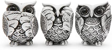 Rockin Owl Figurine Family Set Very Cute Statue White Owl, 3 Separated Different Mood do not See,do not Listen, do not Talk - Nice Decoration for Home Office Outdoors Gardens Set of 3, White/Black