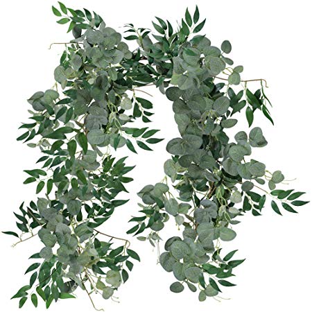 Supla 2 Separate 6'L/Pcs Faux Willow Vines Twigs Leaves and Silver Dollar Eucalyptus Leave Garland String Wedding Arch Swag Backdrop Garland Doorways Greenery Farmhouse Garland Indoor Outdoor Decor