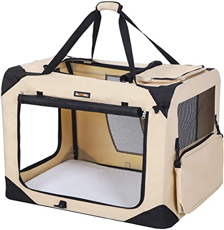 FEANDREA Lightweight Fabric Pet Carrier Crate with Mat Food Bag Portable Dog Carrier Folding Pet Cage Beige XXXL 102 x 69 x 69 cm PDC10W
