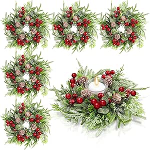 Lyrow 12 Pcs Christmas Candle Rings Wreath Norfolk Pine Garland Red Berry Pinecones Wreaths Artificial Berries Snowy Pine Garland Candle Ring Holder for Christmas Wedding Home Table Centerpiece