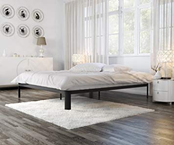 In Style Furnishings Minimalist Bed Frame - Modern Lunar Low Profile Platform Bed with Metal Frame & Strong Slats - Full, Black