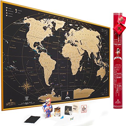 Limited Edition InLove Scratch off World Map Wall Poster with US States Outlined, Lovely Packaging, Includes Pins, Buttons and Scratcher, Extra Size 35x25 Inches. Perfect Valentines Day Gift!